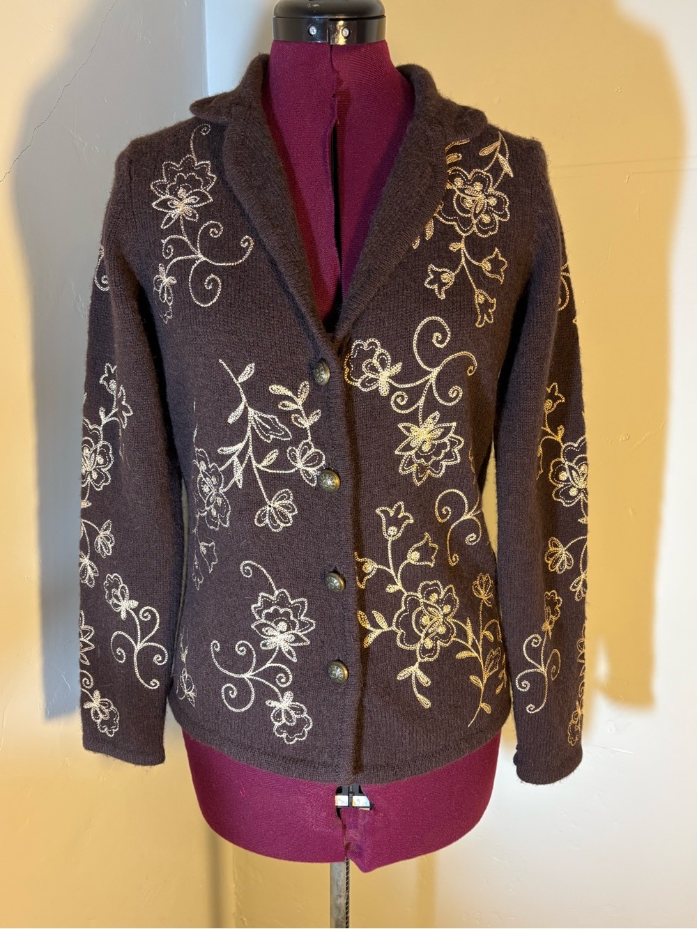 100% wool embroidered chocolate brown cardigan sweater Cambridge Dry Goods mediu